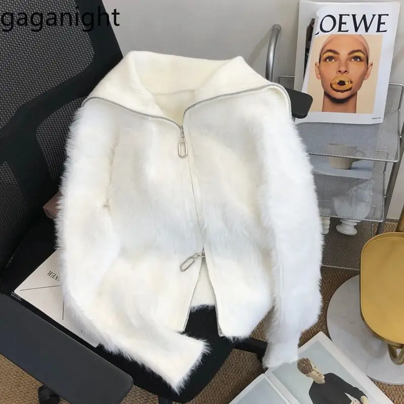 Gaganight damski moherowy biały sweter z wysokim dekoltem 2024, kurtka rozpinana, zagęszczony strój jesienny nowy top z imitacji futra norek, krótki