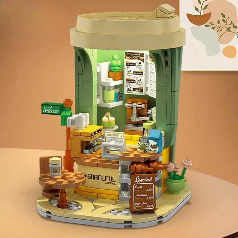 셈보 밀크티 가게 블록 창의적인 어린이 미니 거리 풍경 수제 조립 모델 교육용 커피숍 장난감 선물