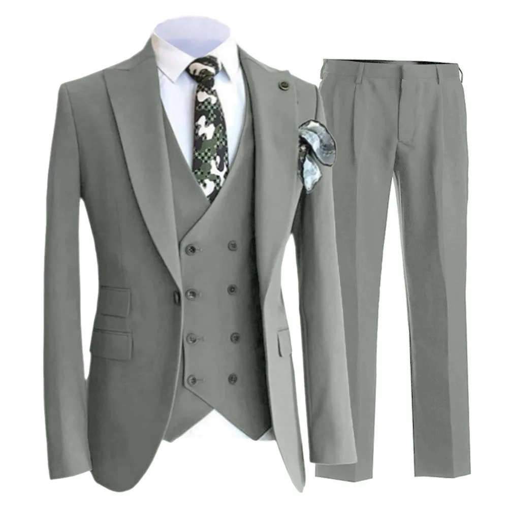 

Men Suit 3 Pieces Light Grey Slim Business Casual Solid For Wedding Tuxedos Groom Banquet Party Set Jacket Vest With Pants