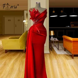 Elegant Red Mermaid Evening Dresses Beaded Feathers Satin Formal Party Gowns Plus Size Custom Made Arabic Woman Prom Dresses