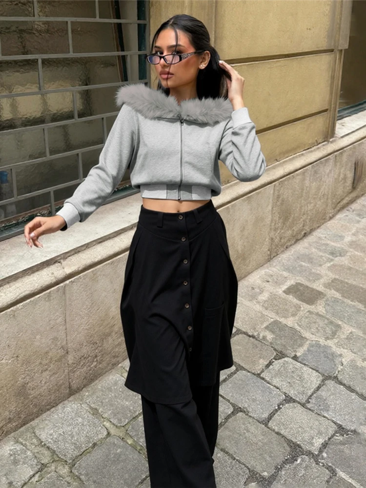 

Sisterlinda, простая укороченная куртка, женская шикарная осенняя хипстерская лоскутная куртка с меховым воротником, нерегулярная уличная повседневная спортивная куртка на молнии с длинными рукавами