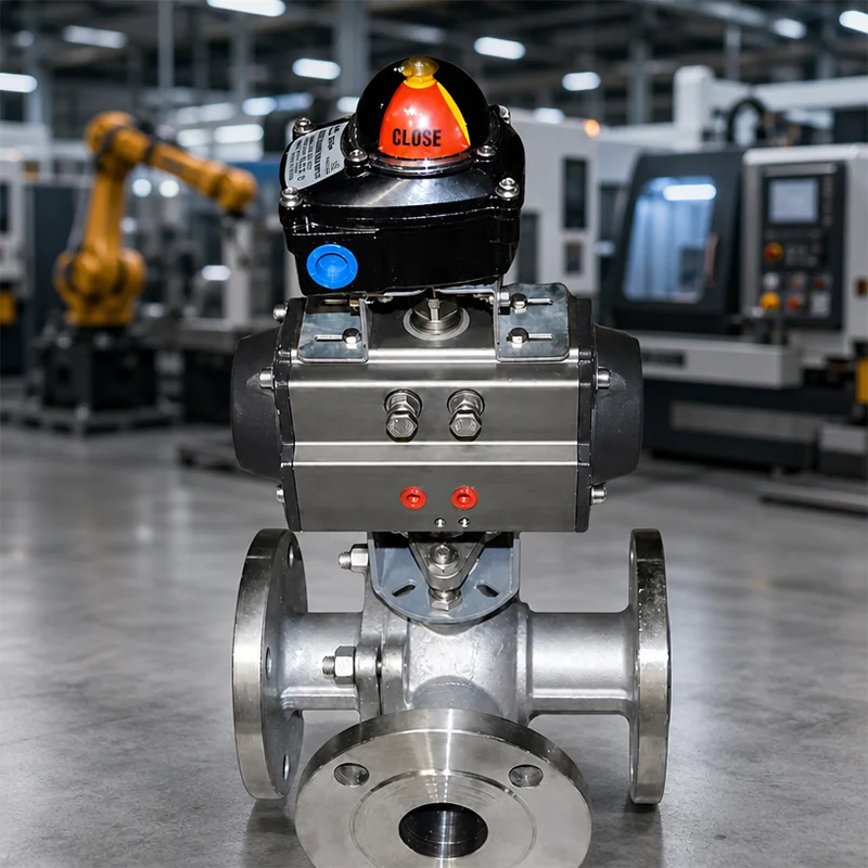 Pneumatic T Port 3-way Flanged Ball Valve Quarter-turn Actuator Bi-directional Shutoff For Industrial Fluid Diversion Switching