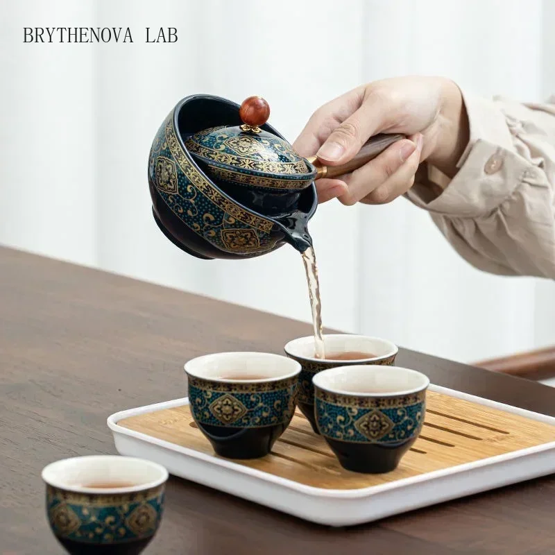 Chinese Gongfu Porcelain Tea Set with 360° Rotation Tea Maker and Infuser Portable Cup Travel Teapot Set All in One Gift Bag