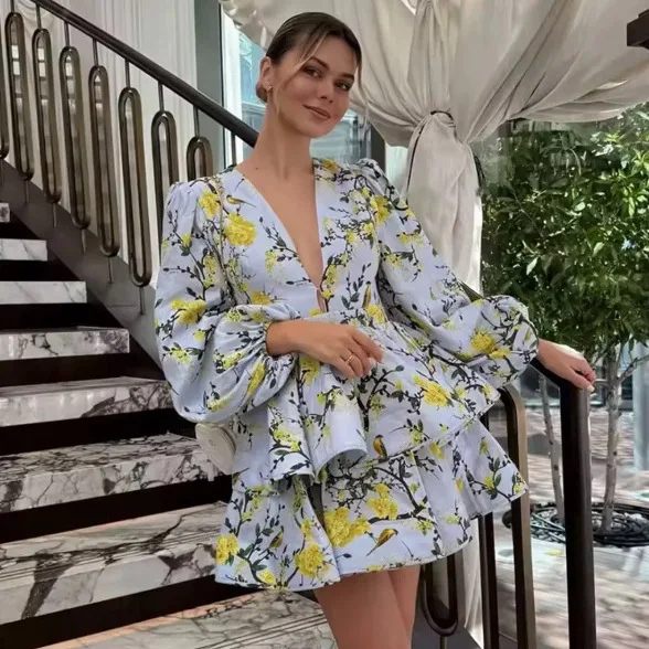 

Fashion Printed Ruffled Hem Puffy Dress Elegant Long Lantern Sleeve Deep V-neck Short Dresses 2025 Spring Vacation Party Robes