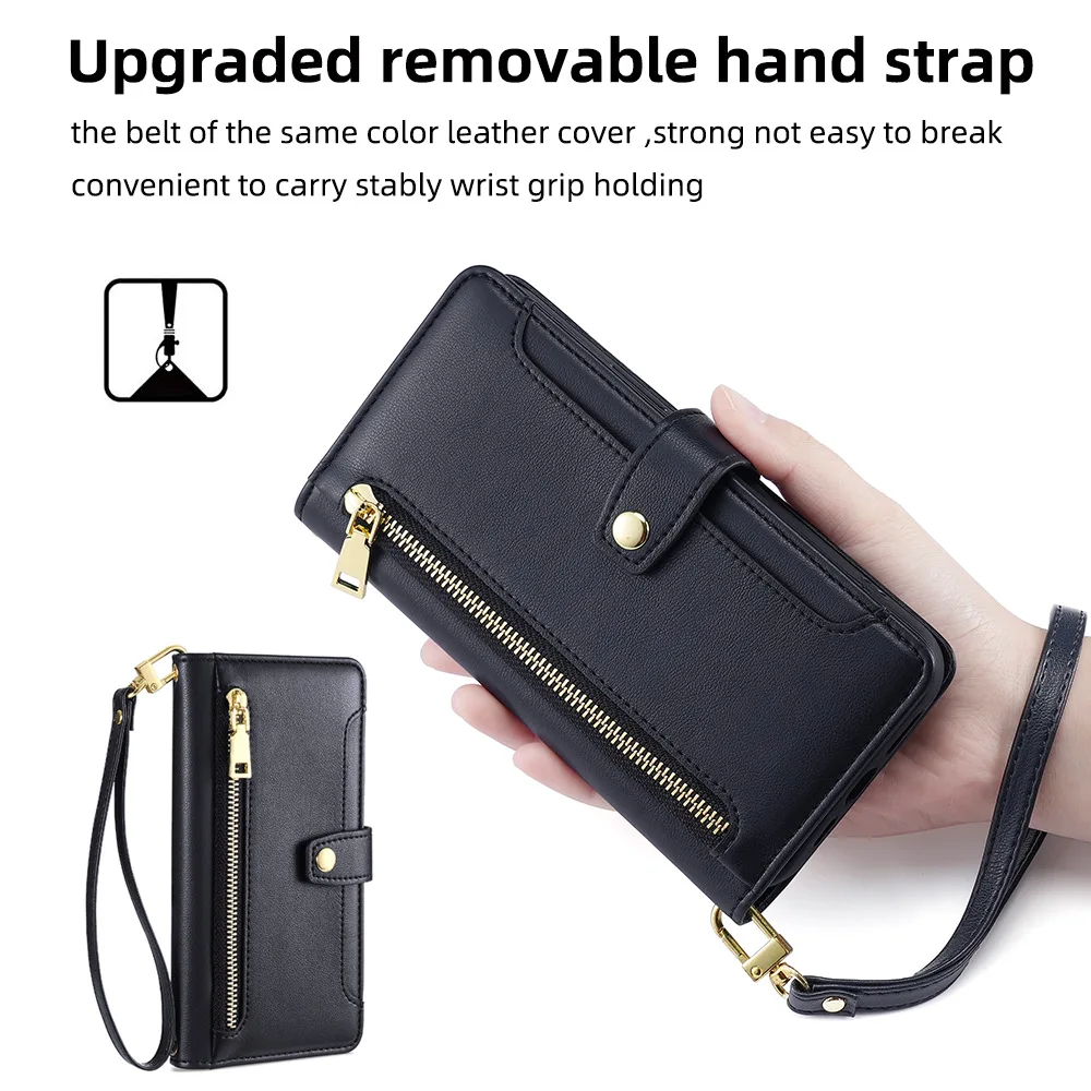 Zipper Wallet Shoulder Strap Case for iPhone 18 Pro Max 14 13 12 11 15 16 17 Pro Max Lady Leather Card Pocket Lanyard Flip Cover