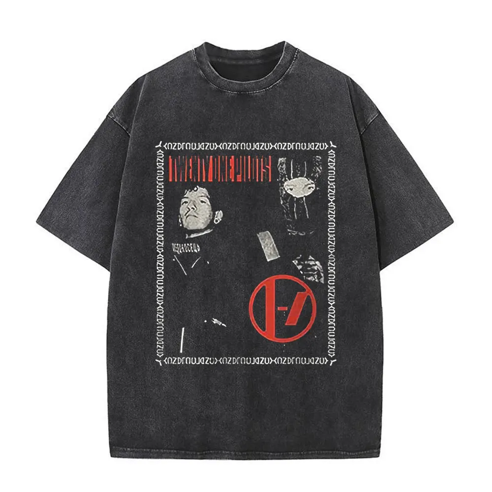 Rock Band Twenty One Pilots Vintage Washed T-shirt Men Women Fashion Hip Hop Oversized T-shirts Cotton Casual T Shirt Streetwear