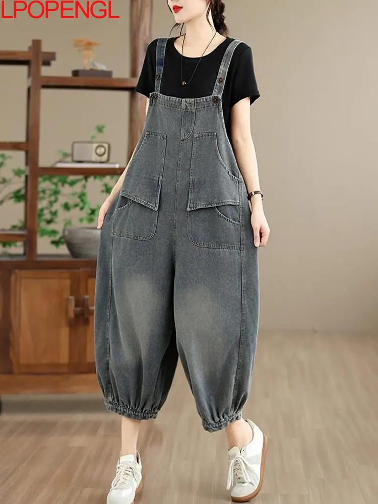 

2026 Summer New Artistic Casual Washed Denim Jumpsuit Loose Overalls Women's Casual Patchwork Large Pocket Vintage Straigh Pants