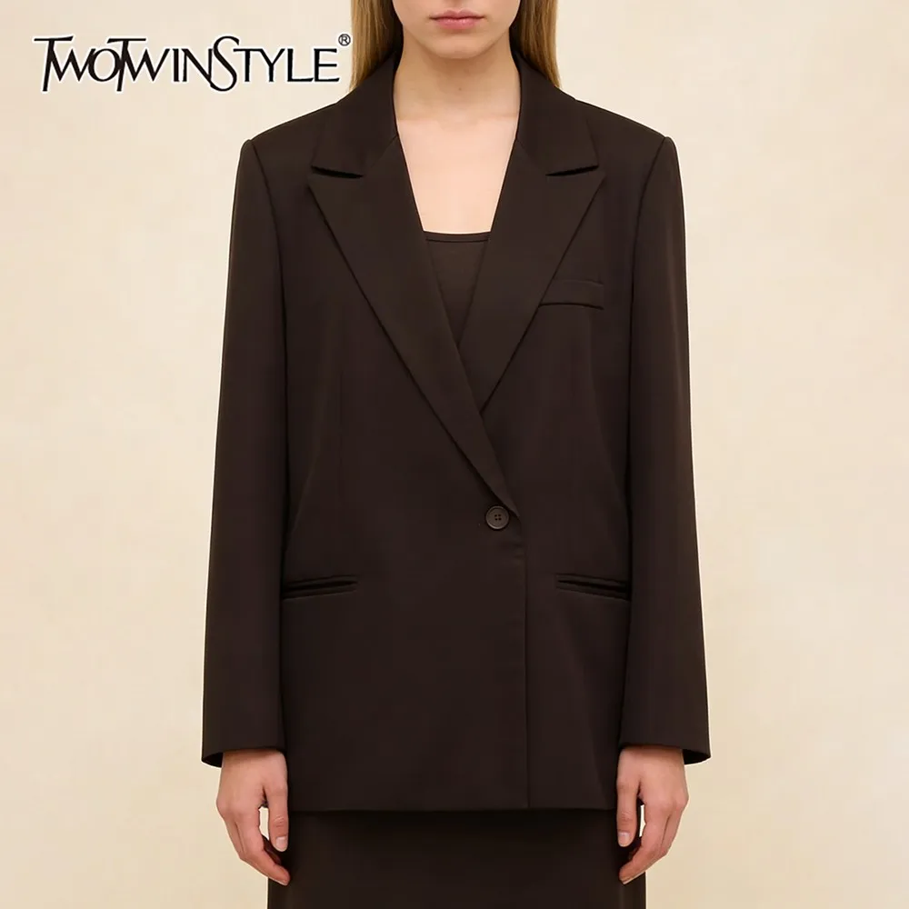 

TWOTWINSTYLE Autumn Classic Loose Blazer for Women Notched Collar Long Sleeve Patchwork Single Button Casual Vintage Coat Female
