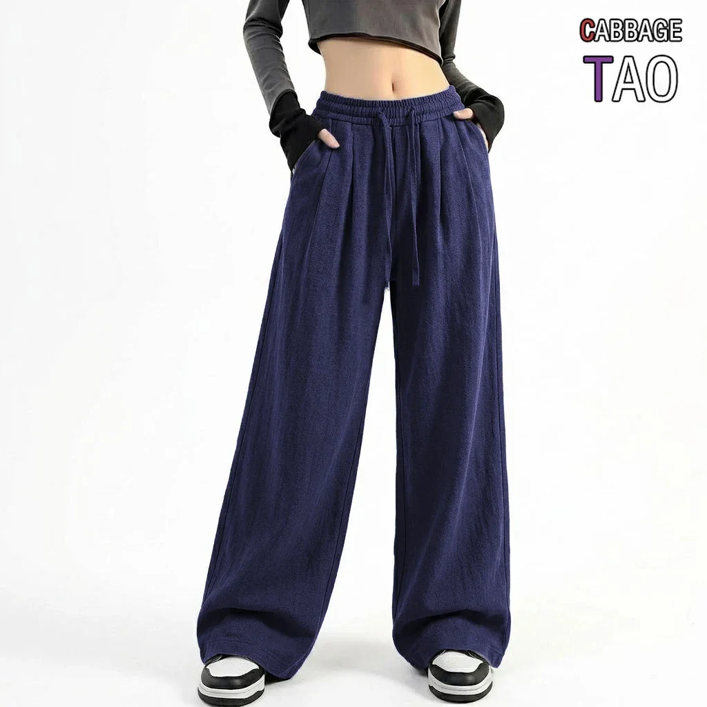 Womens Broad Leg Joggers Loose Fall Sweat Trousers Cotton Wide Leg Slacks Drawcord Waist Straight Cut Pants Athletic Workout