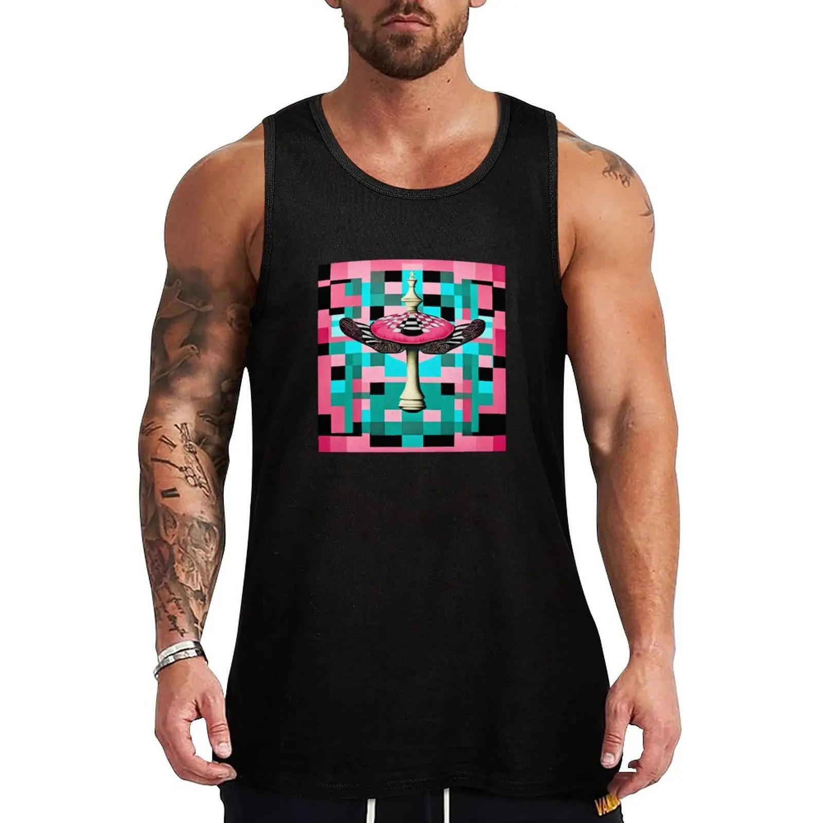 Des agarics mouches d’une beauté fantastique sur fond de motifs en damier bleu et de turquoise. Champignons. Tank Top