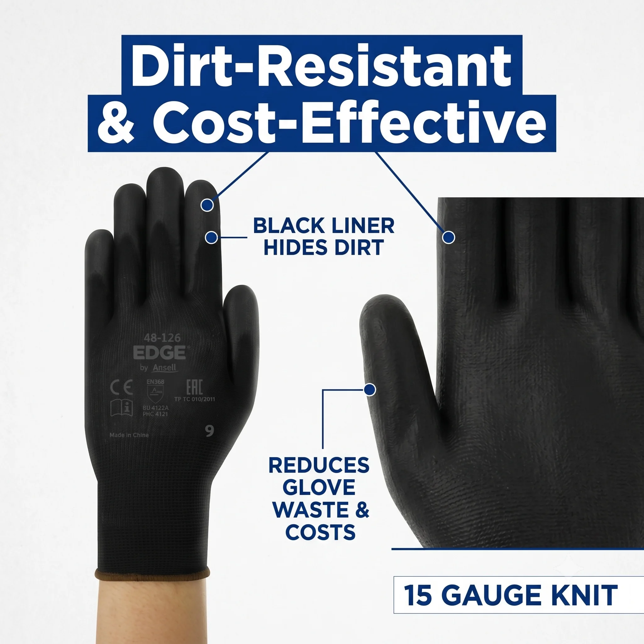Ansell EDGE 48-126 Black Work Gloves PU Palm Coated Polyester Industrial Safety Mechanical Assembly Protective Glove 12 Pairs