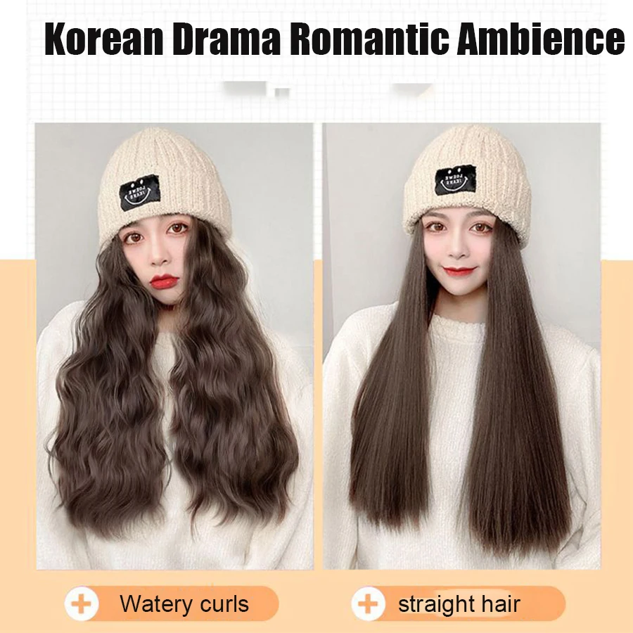 Long Straight Hat Wig Natural Brown Wigs Connect Synthetic Synthetic Knitted hat Hair Wig Hat Wig Adjustable For Women