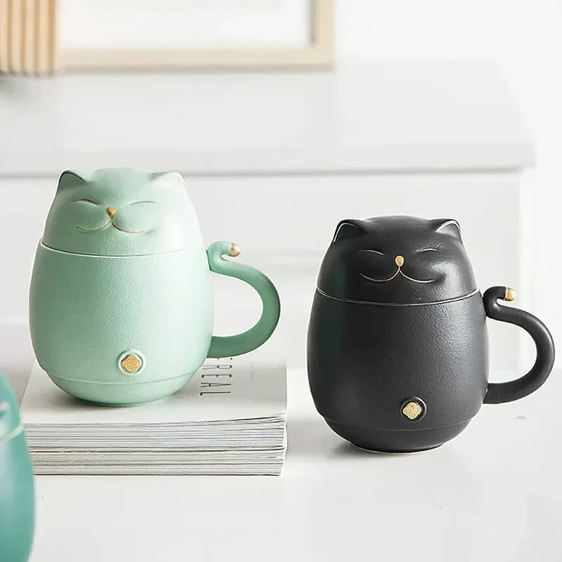 Lucky Cat Mug Tea Mug Creative Ceramic Cup With Cover Filter Office Water Cup Tea Separation Tea Cup