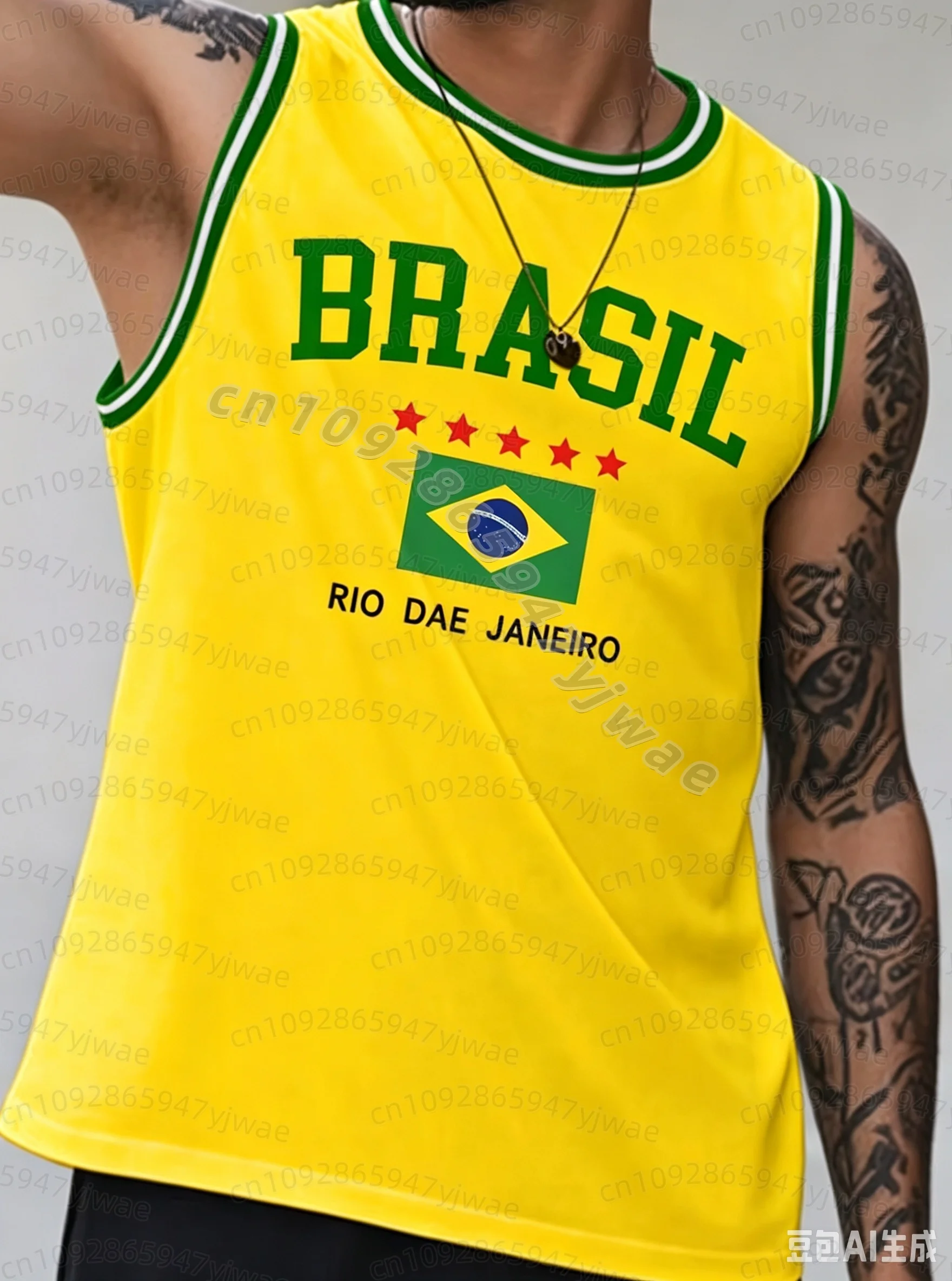 Summer Men YELLOW BRASIL 10 Print Stripe Round Neck Casual Tank Top Basketball Jersey Vest Boyfriend Style Sport Basketball Vest