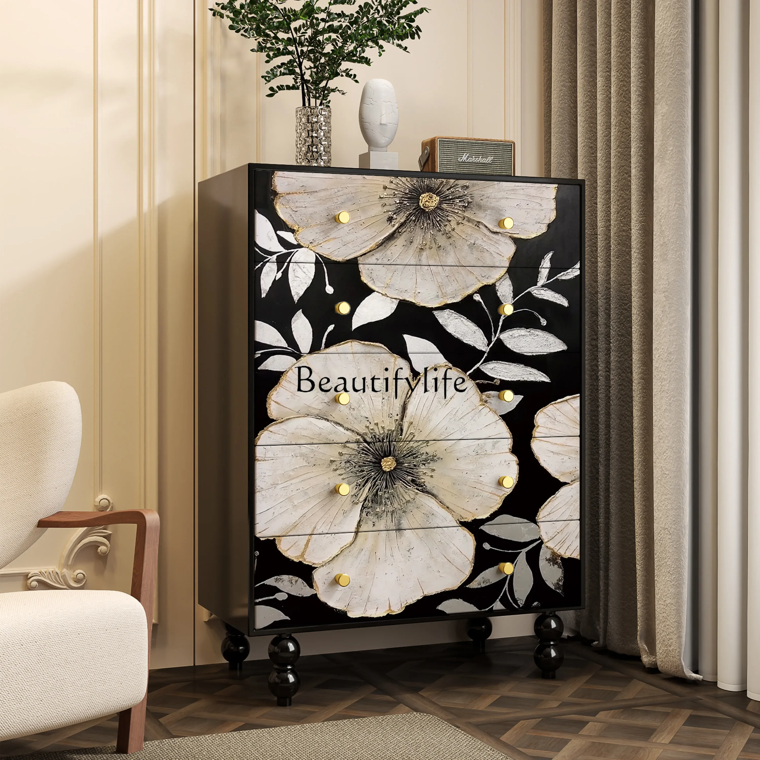 

06French medieval solid wood chest of drawers hotel homestay entrance decorative cabinet