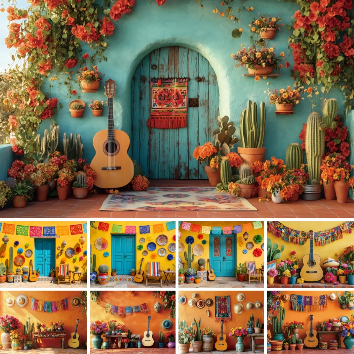 Mexico Fiesta Photography Backdrop Cactus Straw Hat Guitar Courtyard Flower Wall Kid Adult Birthday Party Decor Photo Background
