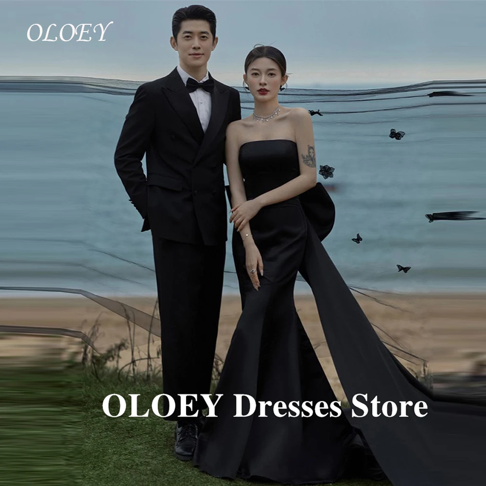 

OLOEY Простые черные вечерние платья без бретелек Корейская фотосессия Свадебный атласный бант сзади Длинные платья для особых случаев Customiz