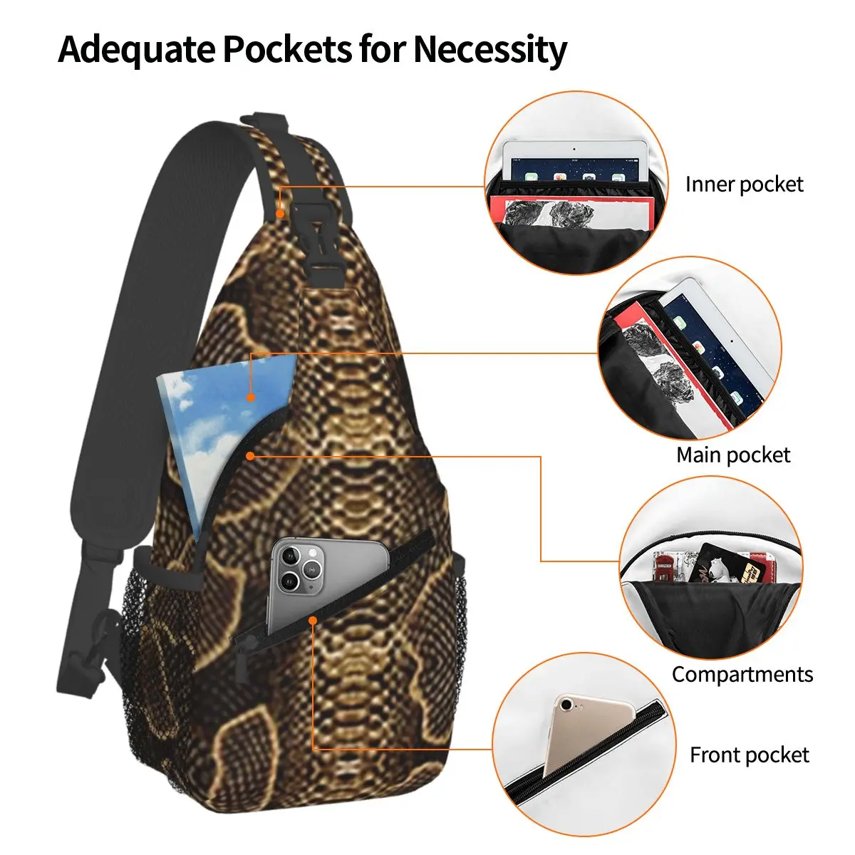 Snake Pattern Chest Bag Men Sling Crossbody Backpack Chest Bag Travel Hiking Daypack Shoulder Bag