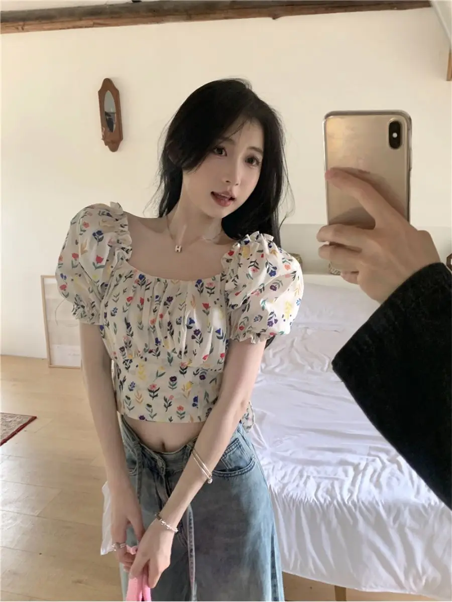 Blouses Women Floral Printed Backless Lace-up Puff Sleeve Square Collar Summer Crop Tops French Style Aesthetic Romantic Sweet