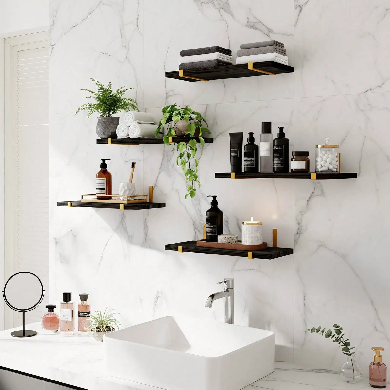 5/10Pcs Floating Shelves, 4.7 Inch Wide Wall Shelves with Invisible Brackets, Rustic Wood Storage Racks for Bedroom, Living Room, Kitchen, Bathroom