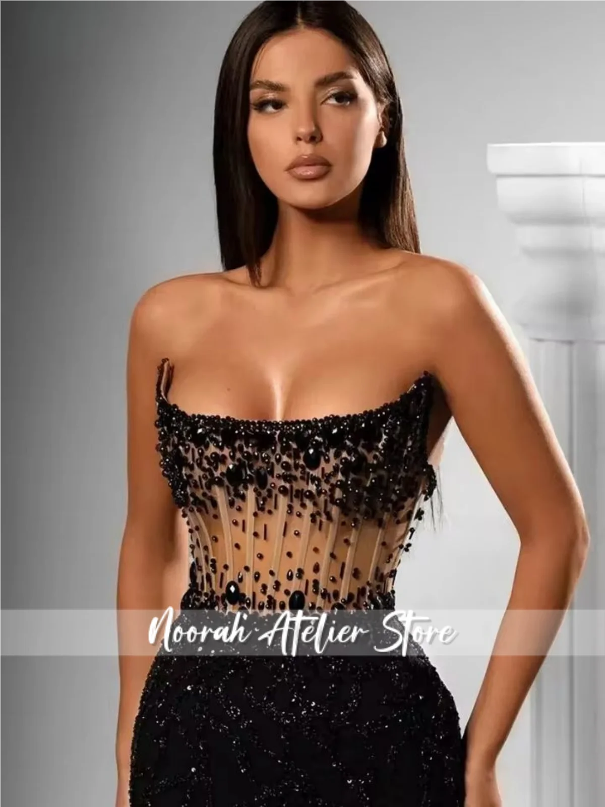 カスタマイズされた光沢のあるビーズのイエローのストラップレスの豪華なイブニングドレス2025スカーフマーメイド女性ドバイロングキラキラパーティガウン