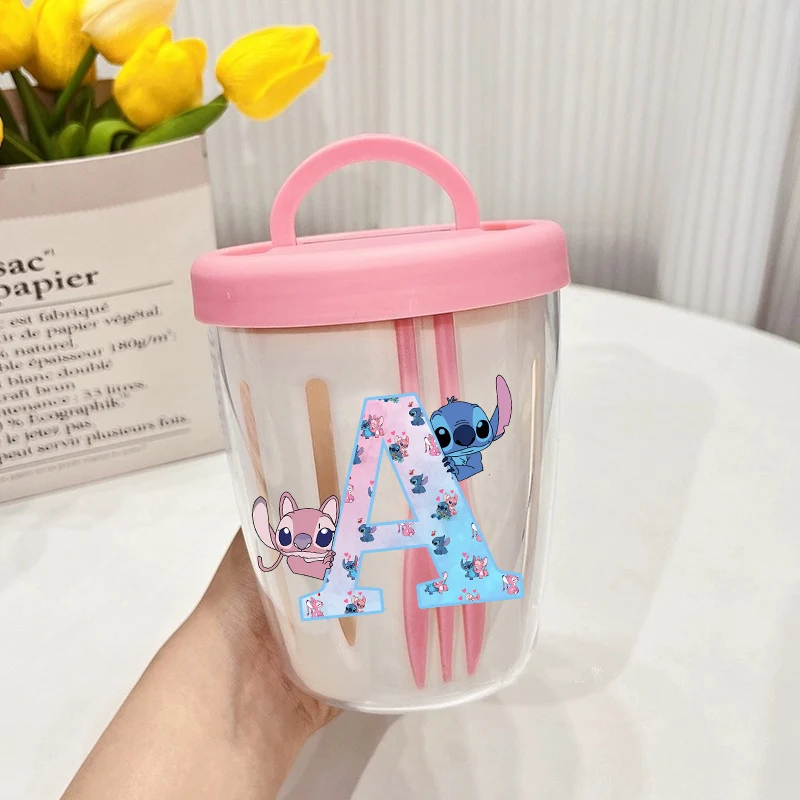 

Stitch Angel Drain Salad Cup with Fork Disney Letter A-Z Food Container Kids Picnic Afternoon Tea Tableware Portable Bottle Gift