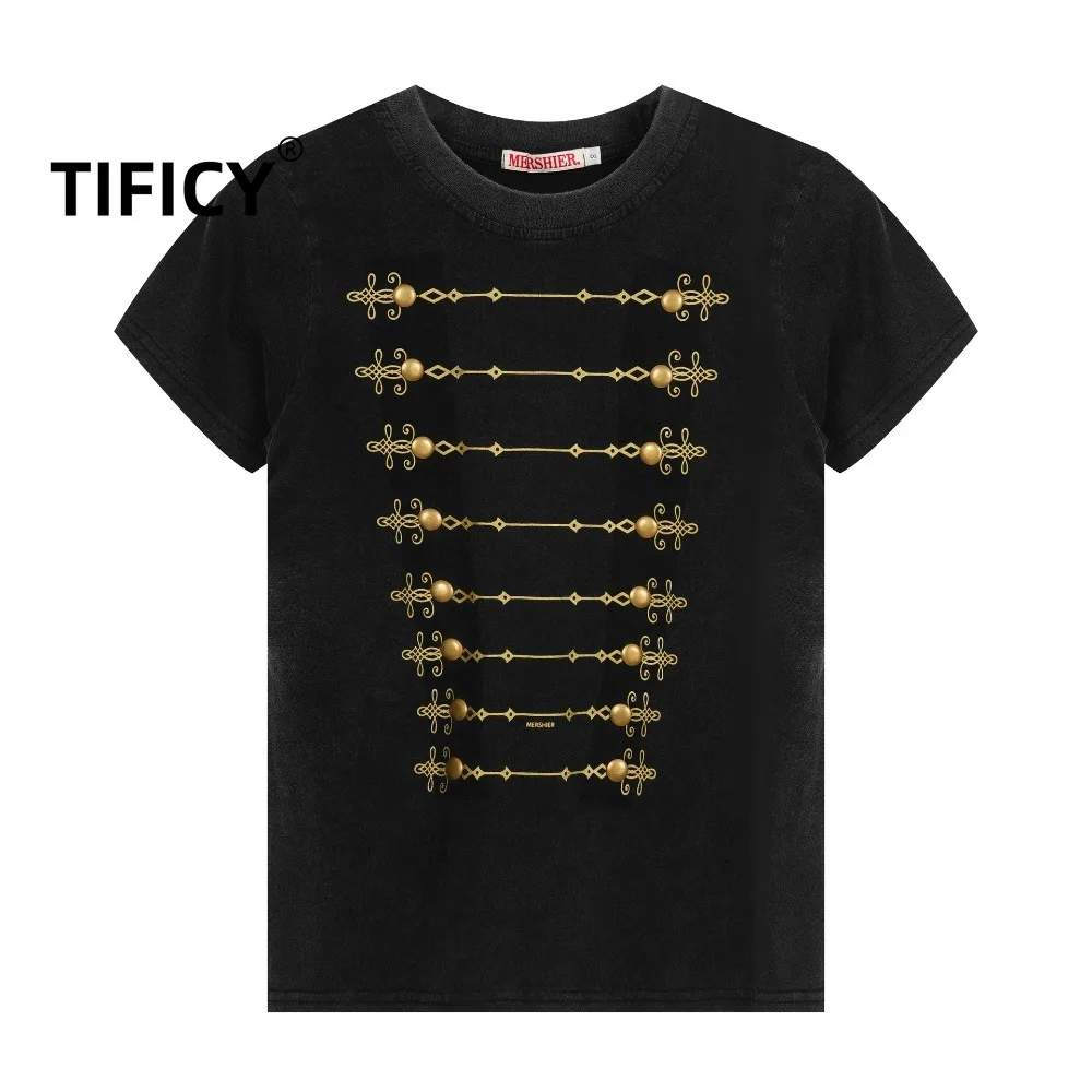 High Street Metal Printed Washed Short Sleeved T-shirt Women's Summer Front Shoulder Casual Versatile Tshirts Top