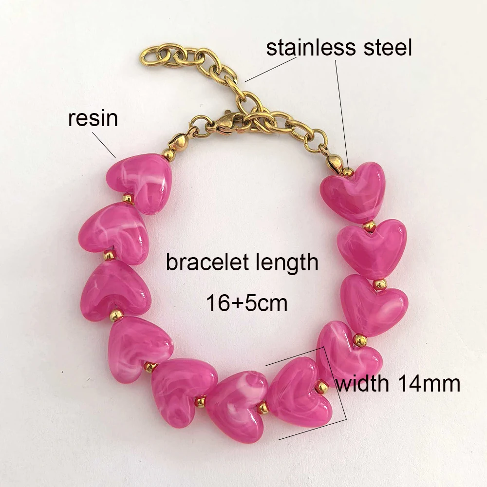 Herz-Armband für Damen, Harz-Acryl-Perlenkette, Liebes-Statement, Beige, Frühling, Edelstahl, Wasserdicht, Goldfarben PVD, Großhandel – Detail 4