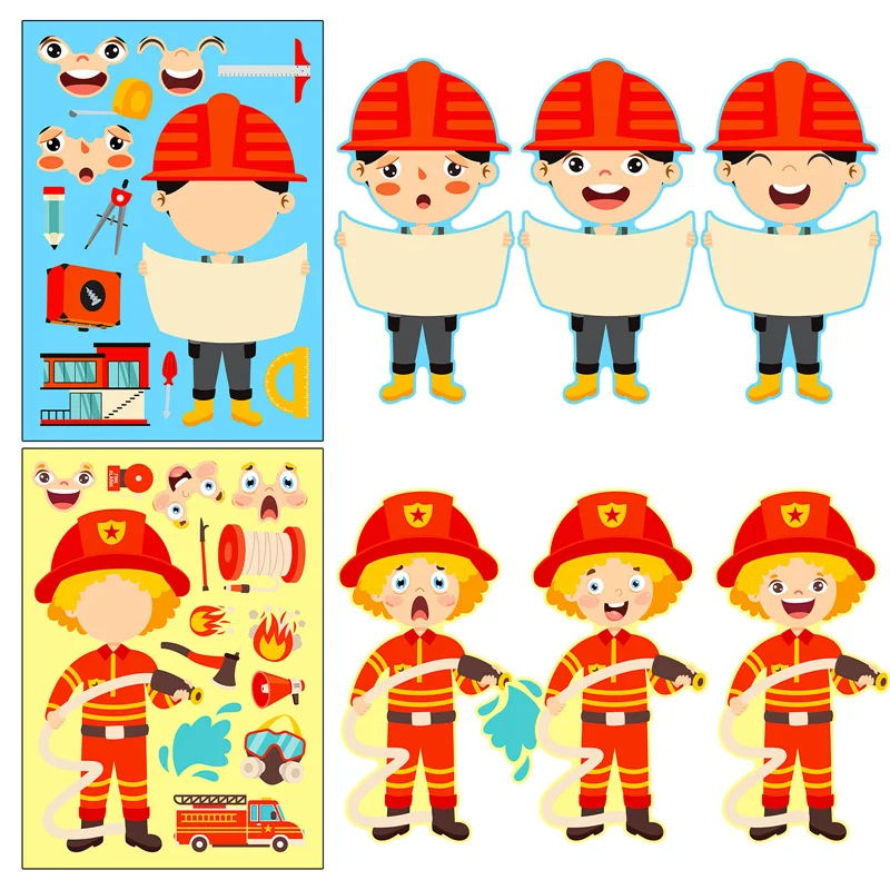 6-24sheets Occupation Cognitive Make A Face Stickers For Toddlers DIY Farmer Teacher Firefighter Jobs Sticker Kids Puzzle Toys