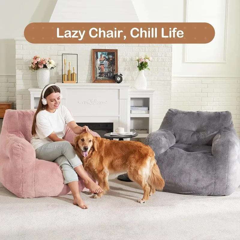Strong Back Support Furry Bean Bag Chair with Arms, Foam Filler for Adult