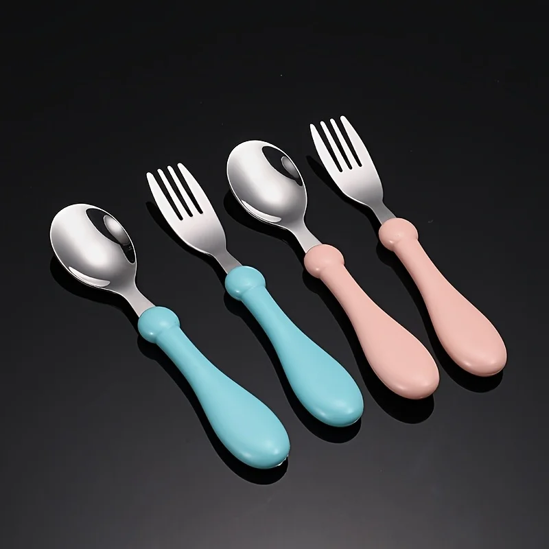 2pcs Stainless Steel Children Spoon And Fork Set , Cute Kids' Feeding Cutlery For Babies