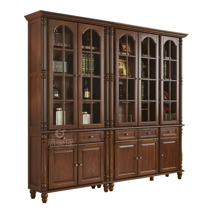 

American all solid wood combination bookcase glass door floor wall European style