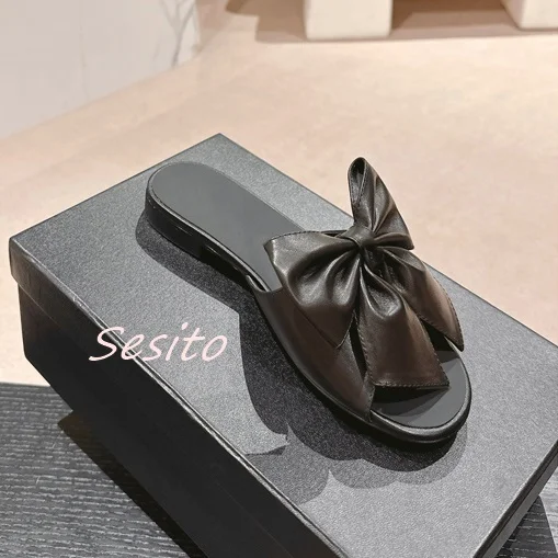 Flat Bow Mules Open Toe Slip On Summer Fashion Women Leather Satin Slippers Rubber Sole Shallow Sexy Lady Dress Daily Sandals