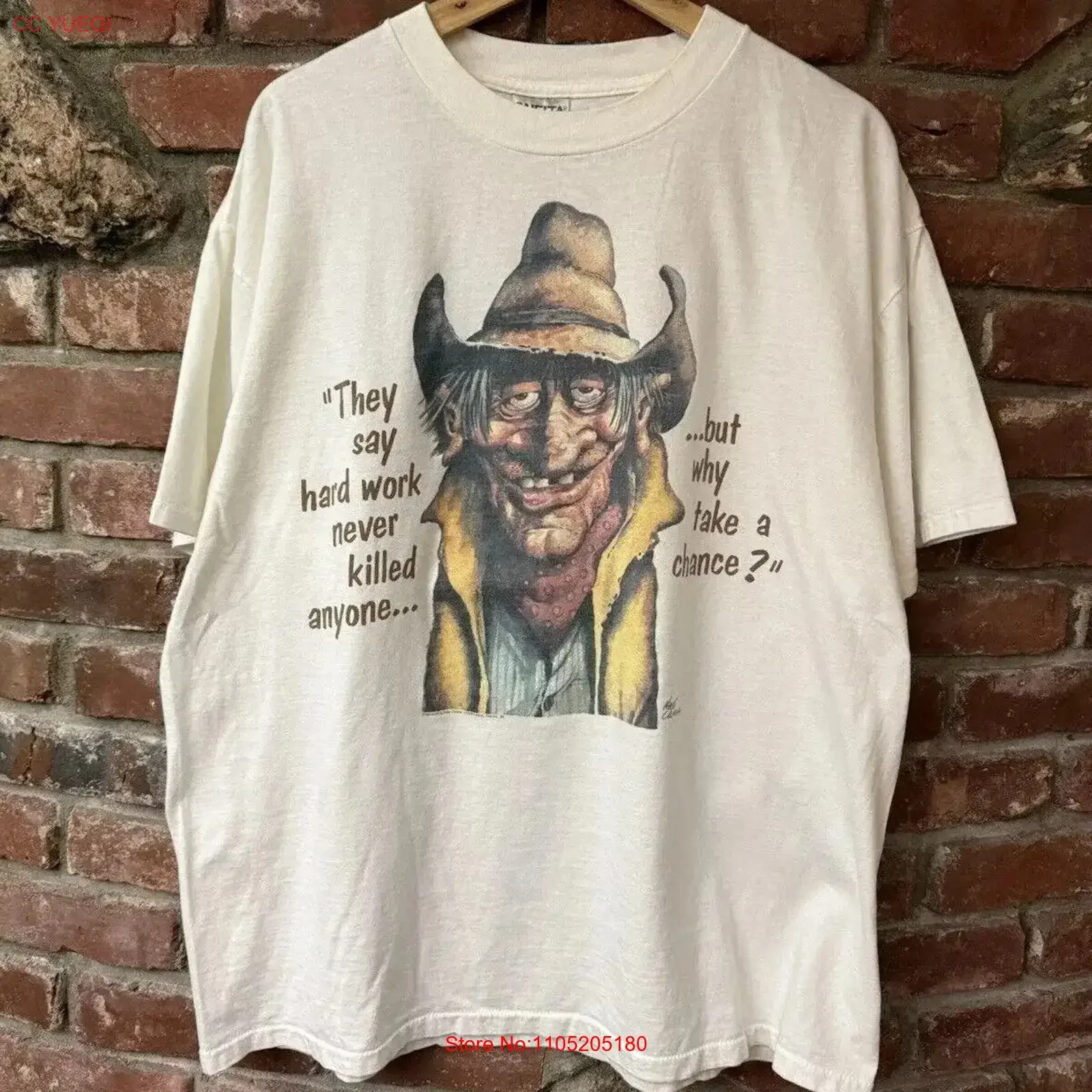 تي شيرت فني عتيق 90s من Nate Owens مقاس XL مضحك للعمل الصعب أبدًا مغسولًا ناعمًا على الموضة أوم مريح غير رسمي عتيق مغسول