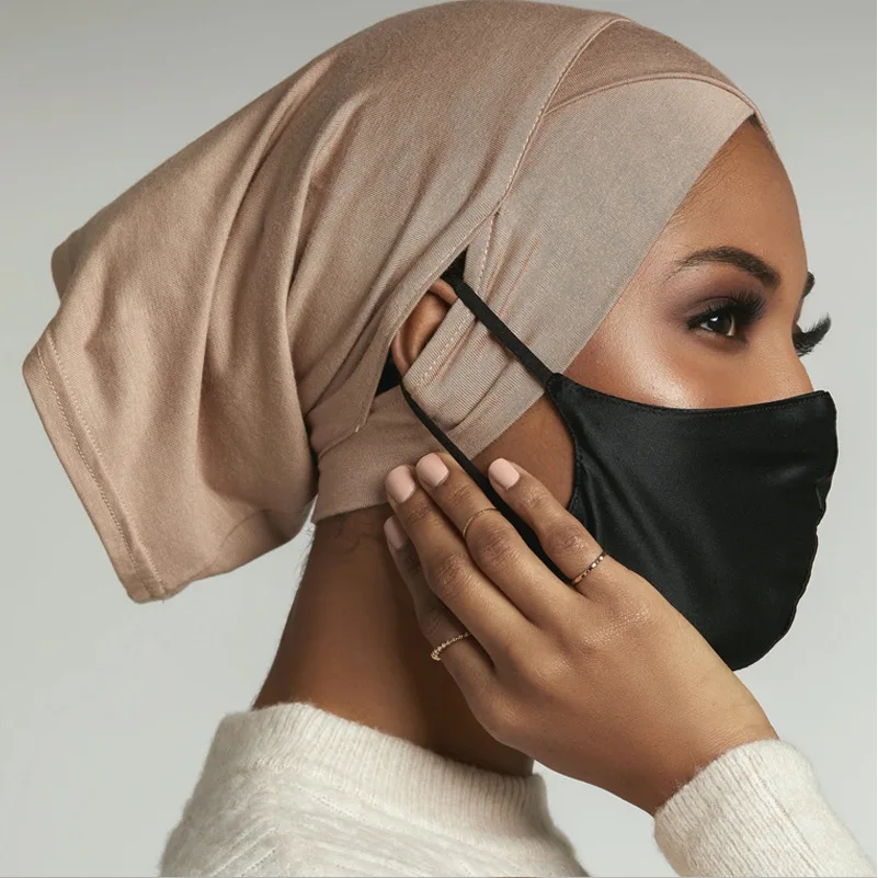 Berretti Hijab musulmani sulla fronte incrociata con foro per l\'orecchio donna avvolgere la testa morbida elastico signore moda cofano turbante