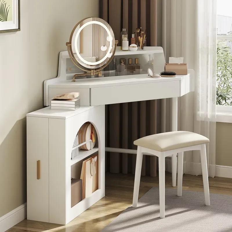 Corner Makeup Vanity Desk With Mirror & LED Lights Dressing Table Brightness Adjustable Folding Mirror, White