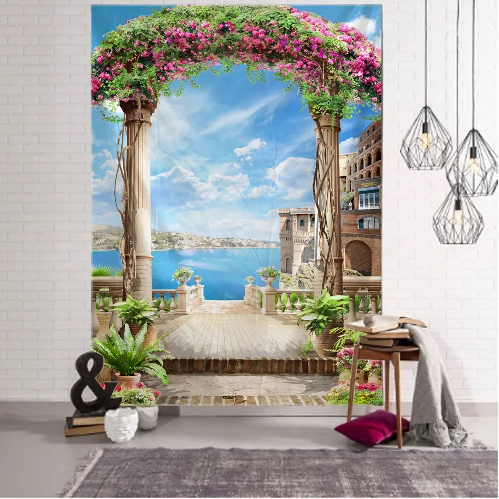 Retro European style landscape printing tapestry home wall decoration bedroom living room large fabric decoration wall hanging