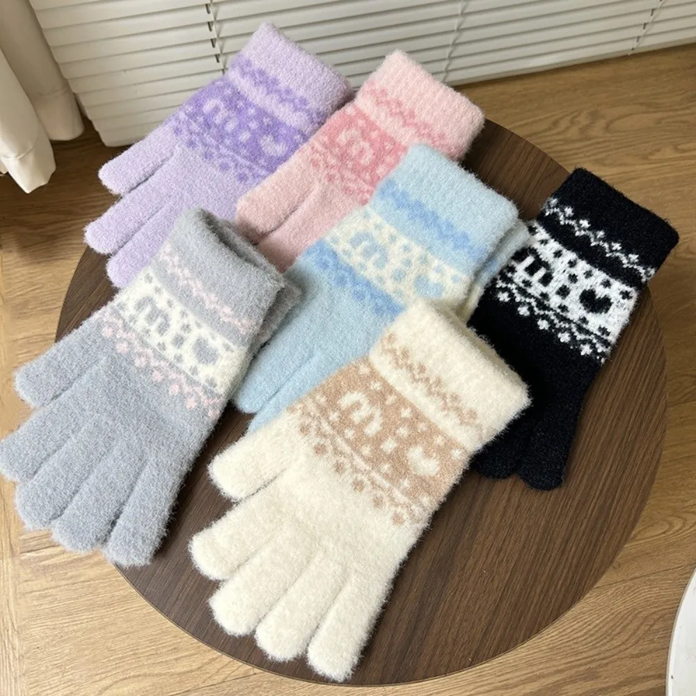 Heart Snowflake Pattern One Tip Knitted Gloves Cold Proof 21x8CM Fair Isle Warm Gloves Polyester Winter Cycling Gloves For Women