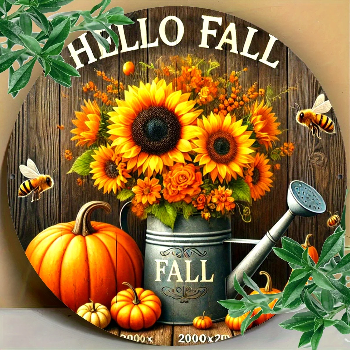 Hello Fall Sunflower Pattern Iron Foil Engraving Wall Art - Round Aluminum Sign Decor for Bar, Cafe, Club, Kitchen