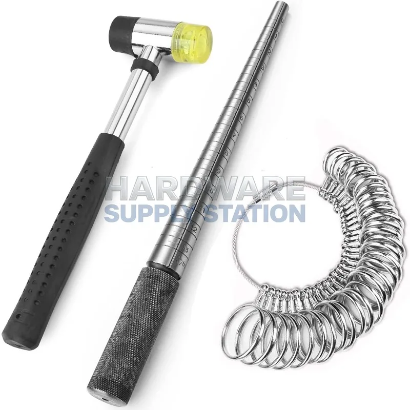 

Набор для измерения размеров колец 0-13, хромированная сталь, 3 предмета: калибр для колец и двусторонний молоток для ювелирных работ