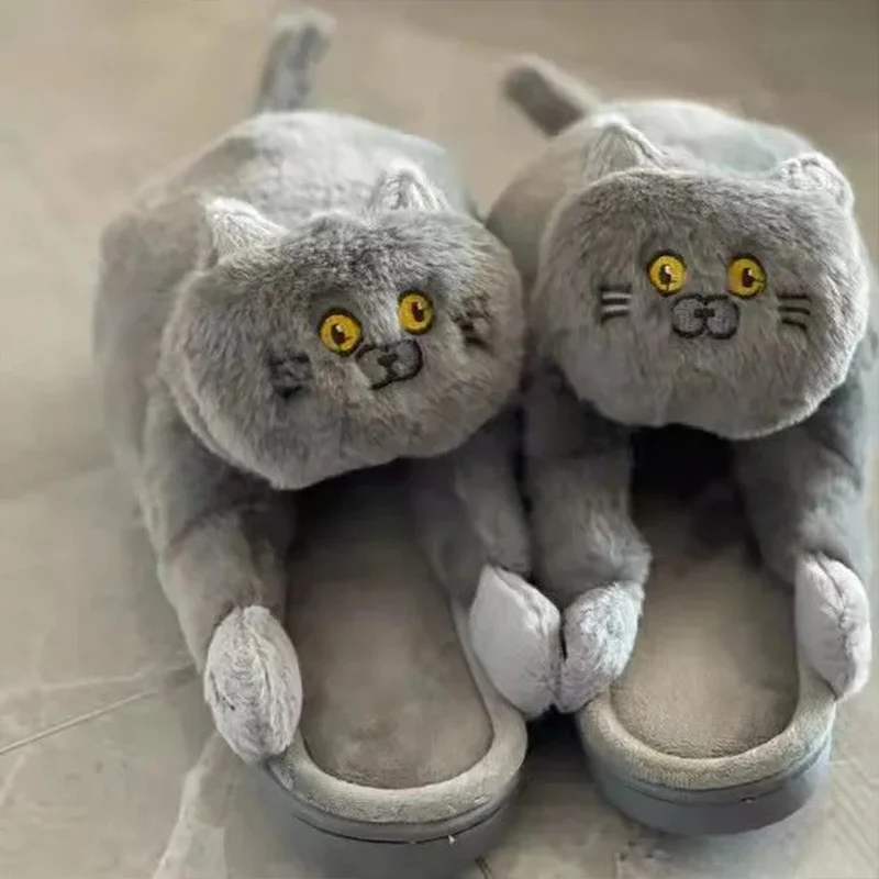 Brand Floppy cat slippers with Cuddly Hug ladies winter indoor short plush slides female platform house shoes