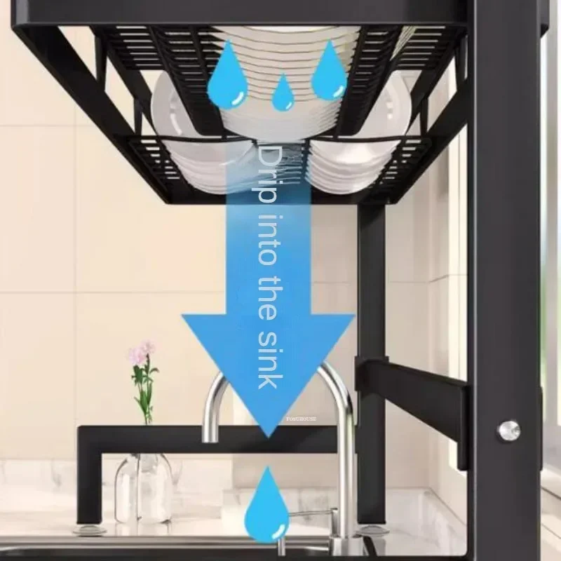 توفير المساحة كونترتوب طبق تجفيف متعدد الوظائف الكربون الصلب رف ل بالوعة المطبخ المنظم أدوات المائدة تخزين حامل p