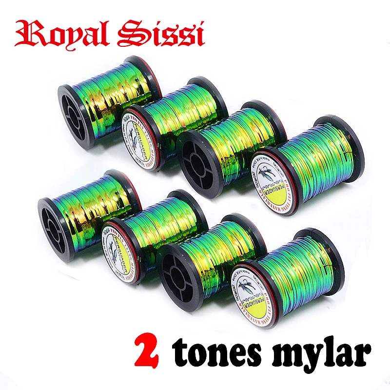 new 8spools two tones mylar spools set peacock/orange flat metallic fly tying tinsel 4sizes mix double sided colors flat tinsel