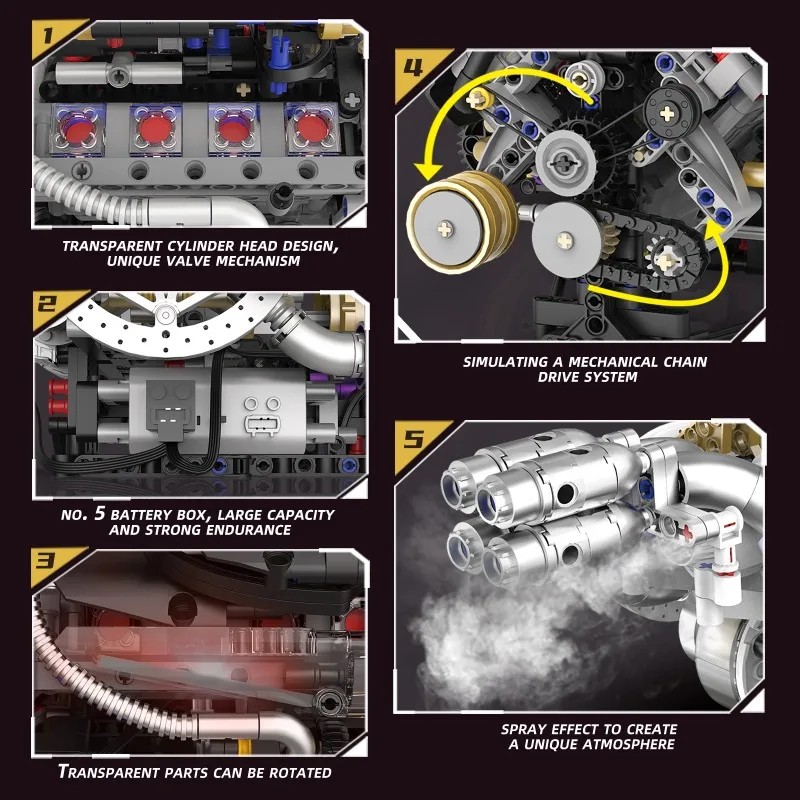 1394Pcs Motorized V8 Engine Model Building Set with LED Light Technical Car Part Assembly Brick Toys for Kids Teens Adults Gift