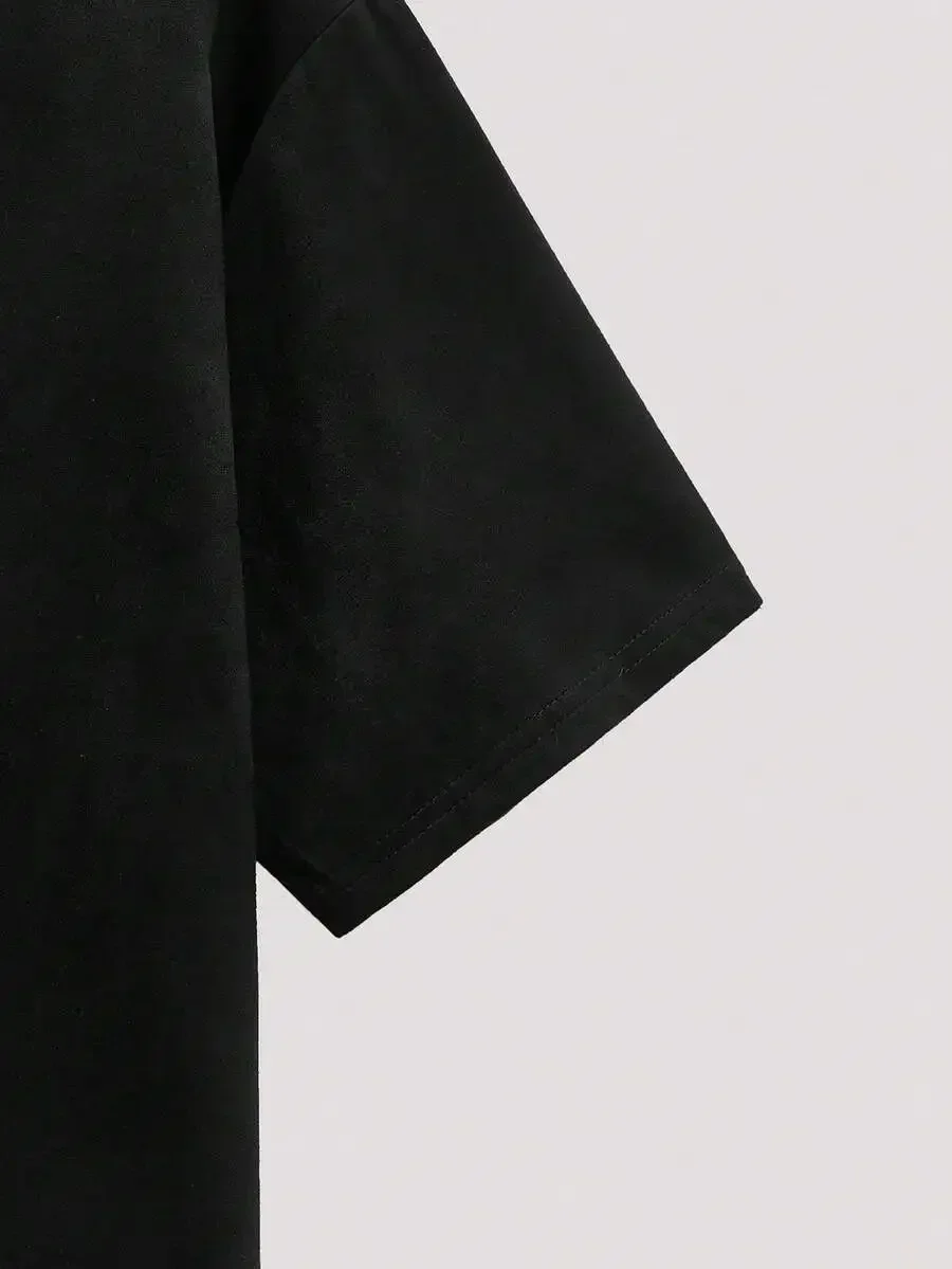 

Mens Black Solid Color Round Neck Short Sleeve Loose Casual T-Shirt Streetwear Oversized Boxy Drop Shoulder Tee