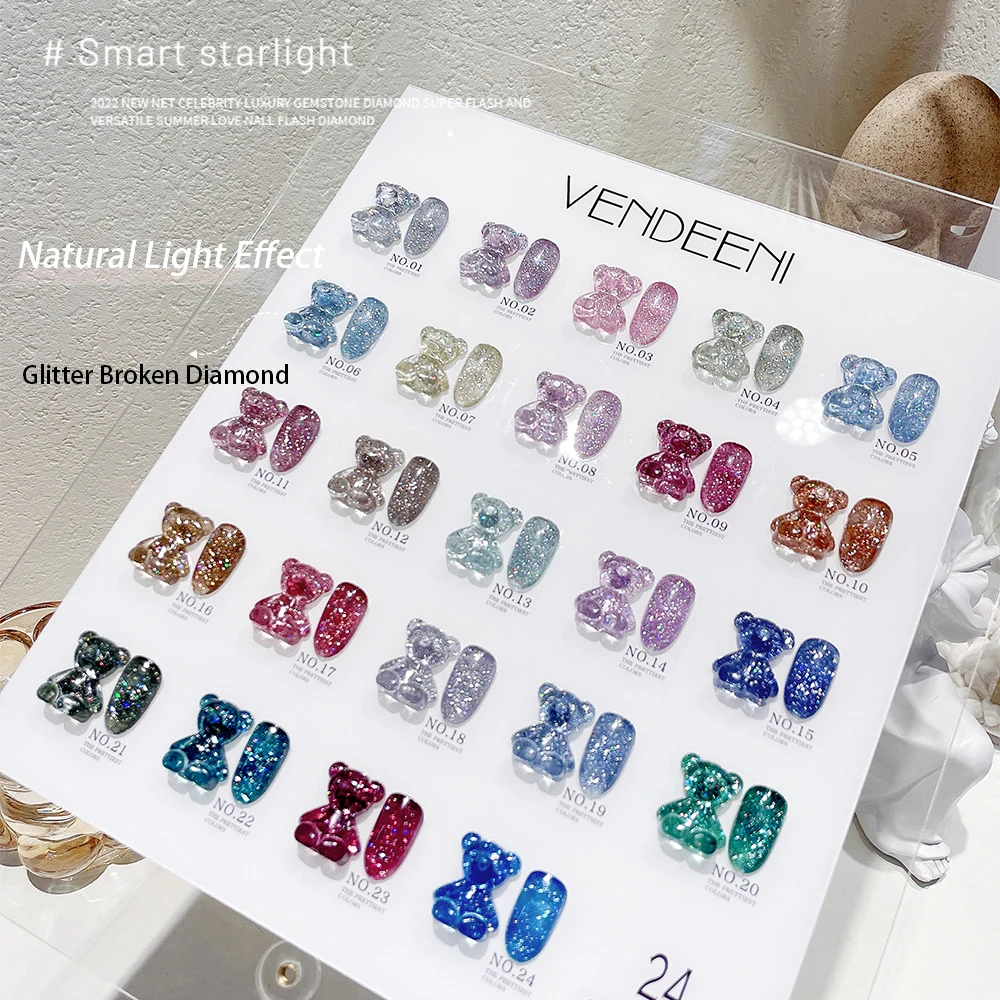 Vendeeni 24 Colors Glitter Broken Diamond Gel Nail Polish Flash Reflective Nail Art Gel Varnish UV LED Soak Off Gel Lacquer 15ml