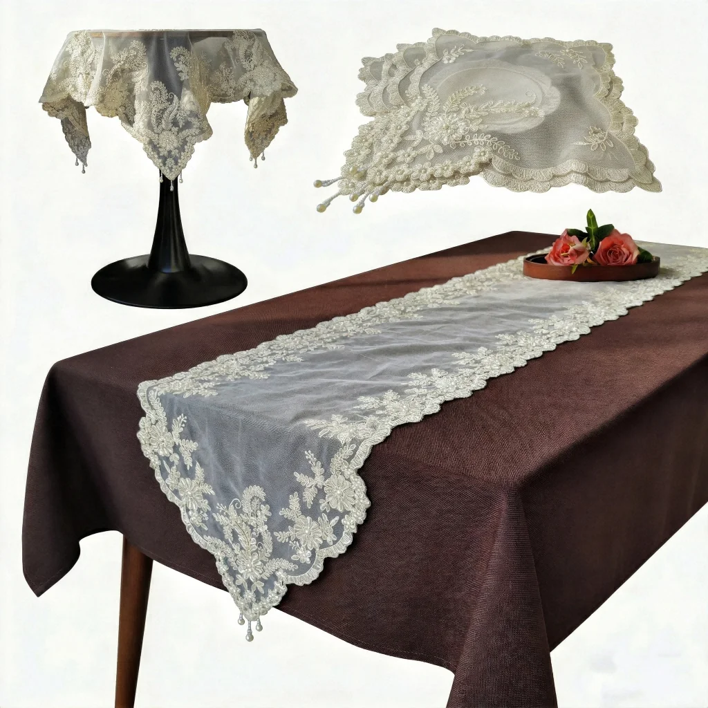 

Tablecloth Set With Mat Beige Tulle Tablerunner Pearl Fringed Placemats Wedding Napkins Furniture Dust Cover Baby Shower Decor