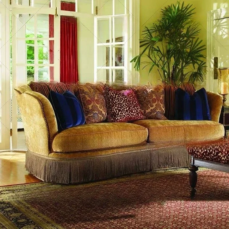 Retro fabric designer small apartment solid wood three-person sofa French home living room sofa velvet bedroom