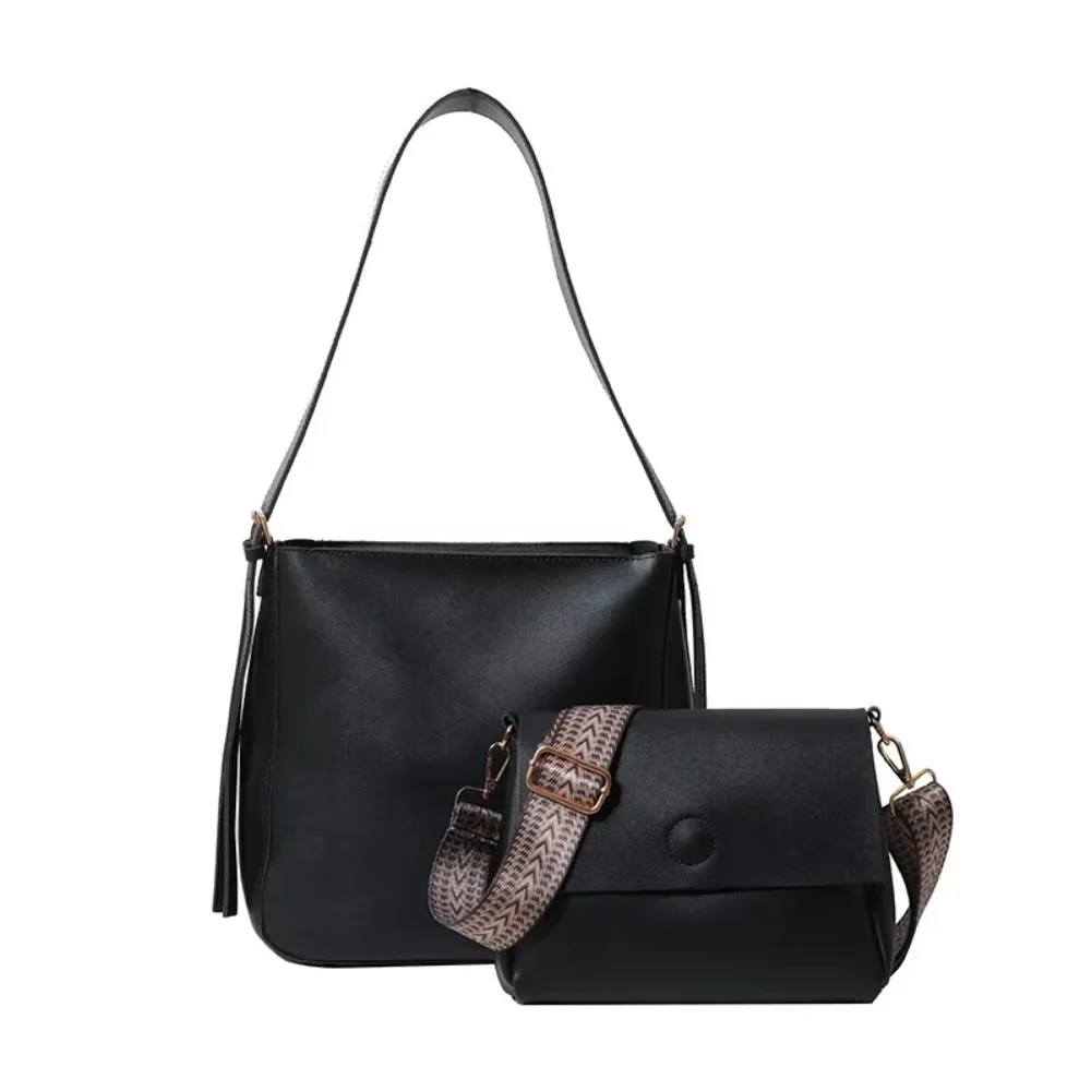 

High Quality Large Capacity Tote Bag Solid Color [Buy 1 Free 1 Sling Bag] Crossbody Bag PU Leather Durable Shoulder Bag