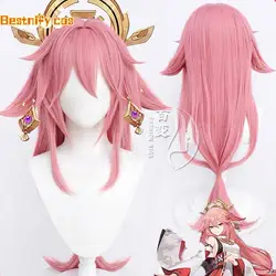 Simulated Scalp Yae Miko Cosplay Wig Genshin Impact Cosplay Yae Miko Wig Pink Heat Resistant Hair Party Woman Wigs + Wig Cap